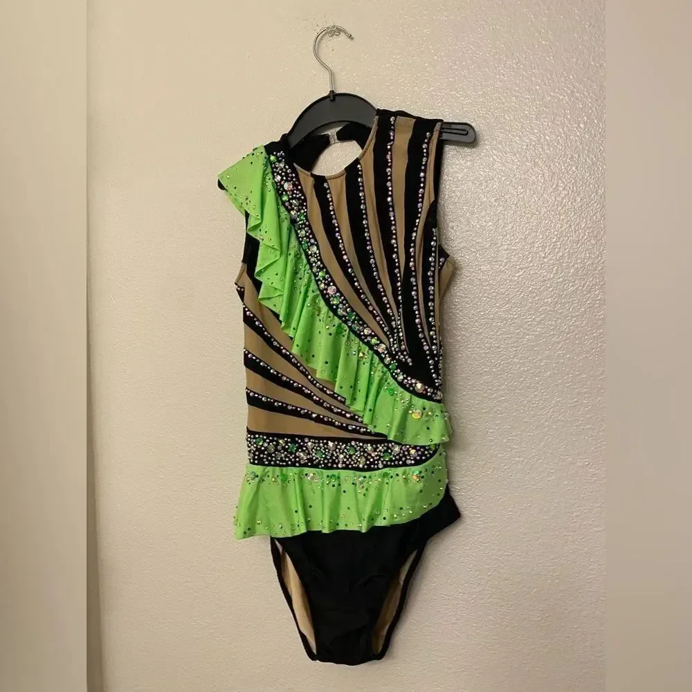 Glamour Dance Costume Lime Green Black Rhythmic Gymnastics jazz sassy neon LA